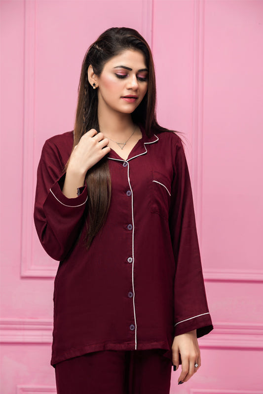 Maroon linen, Collared Shirt and PJs Set